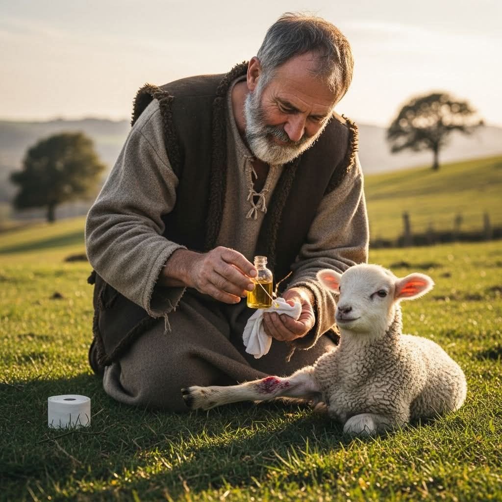 pastor curando a su oveja